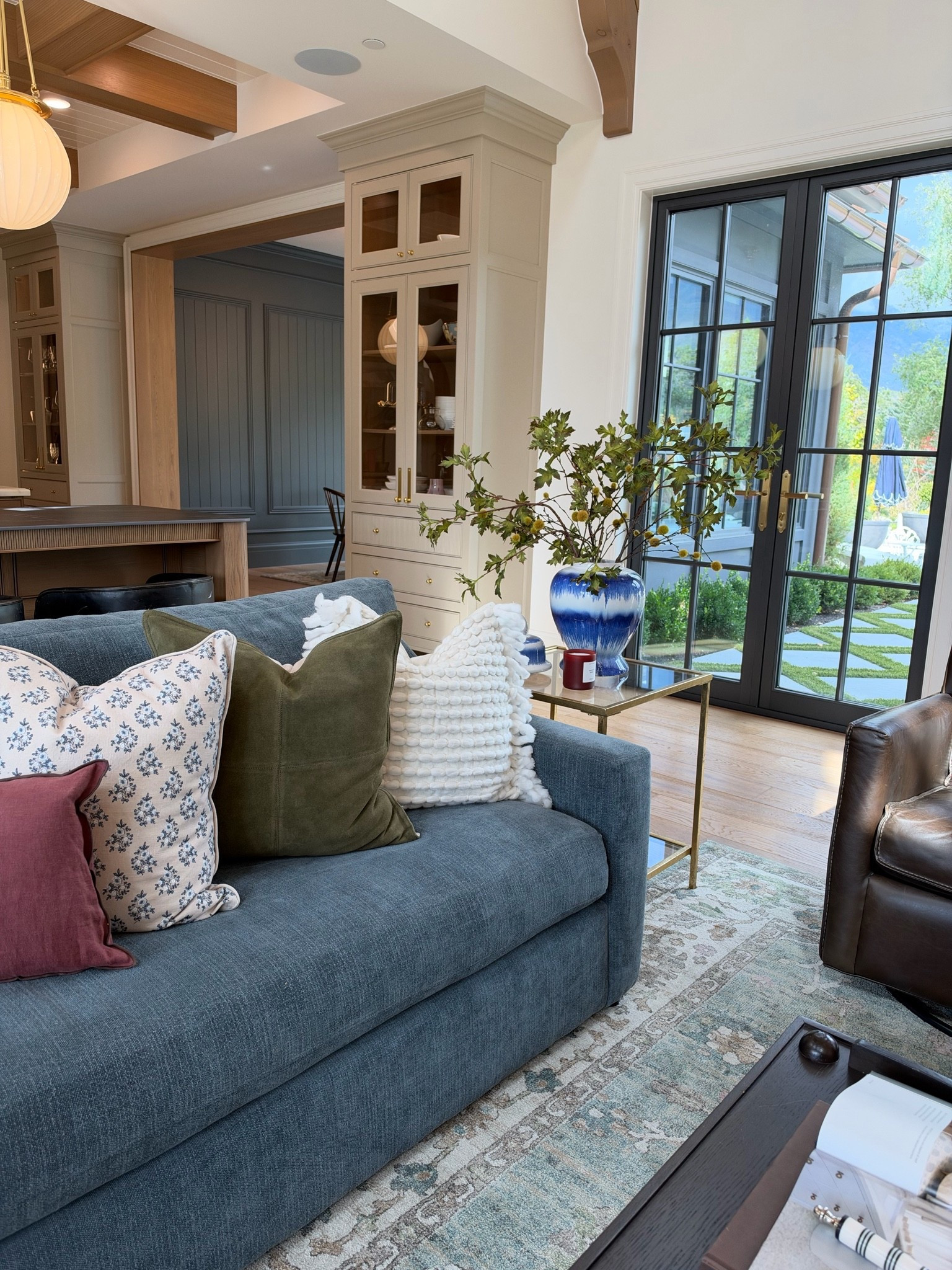 Bench cushion slope arm sofa in performance chenille color slate. I also have this exact sofa in parchment. 

New dining room paint color in eggshell sheen 

Throw pillows, new rug, and inserts also here