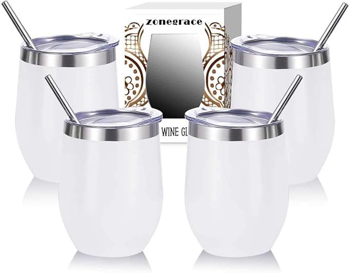 Zonegrace 4 Sets 12 oz Stainless Steel Stemless Wine Glass/Mug, Unbreakable Double Wall Vacuum In... | Amazon (US)