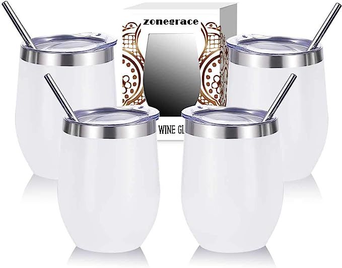 Zonegrace 4 Sets 12 oz Stainless Steel Stemless Wine Glass/Mug, Unbreakable Double Wall Vacuum In... | Amazon (US)