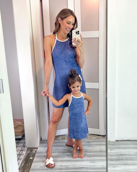 These terrycloth dresses ended up being our fave from it mommy and me try-on! Open back, even on the mini 😆 and lined with shorts! So comfy and cute! Also comes in pink and blue!  I’m wearing an XS and Charli is wearing a 2T. I also got her the 3T to wear longer 😆. This is so cute for a pool party or a chic beach vacay look or even to lounge around the house because it’s so comfy! 

#LTKunder50 #LTKfamily #LTKtravel