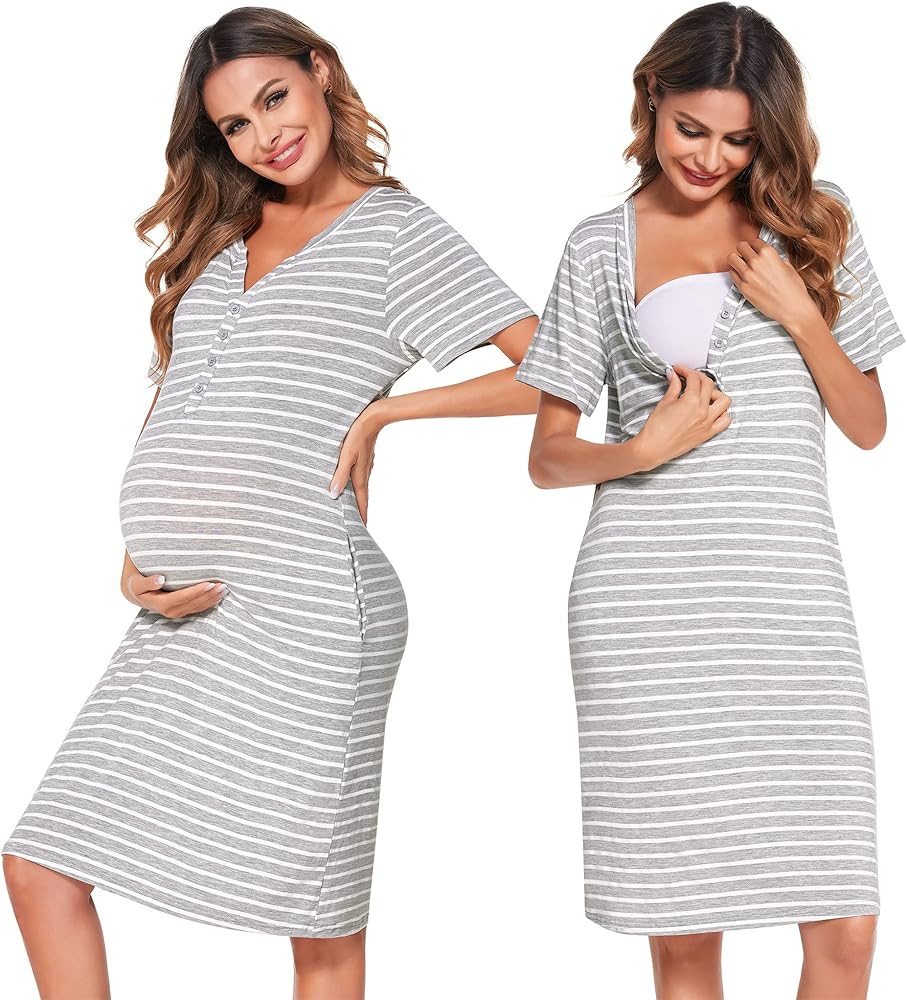 Ekouaer Women Short Sleeve Nightgown Striped Nursing Nightgown Breastfeeding Sleep Dress | Amazon (US)