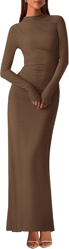 BTFBM Women Bodycon Maxi Dress Fall 2025 Long Sleeve Ruched Elegant Party Cocktail Formal Wedding... | Amazon (US)