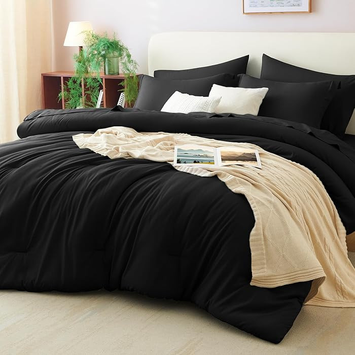 CozyLux Queen Comforter Set Black, 7 Pieces Bed in a Bag Soft Bedding Comforter Set with Sheets, ... | Amazon (US)