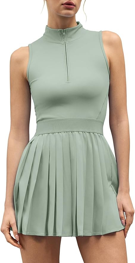 QINSEN Womens Zip Front Tennis Dress High Neck Pleated Sleeveless Two Pieces Golf Athletic Dress ... | Amazon (US)