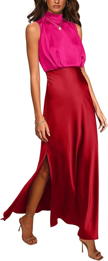 PRETTYGARDEN Women's Long Formal Satin Dress Mock Neck Sleeveless Side Slit Flowy Maxi Tank Dress... | Amazon (US)