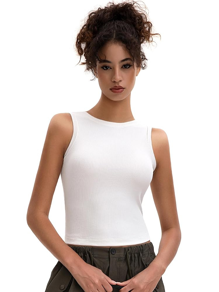 Women's High Neck Tank Top Crop 2025 Slim Fitted Ribbed Crew Neckline Sleeveless Tanks for Going ... | Amazon (US)