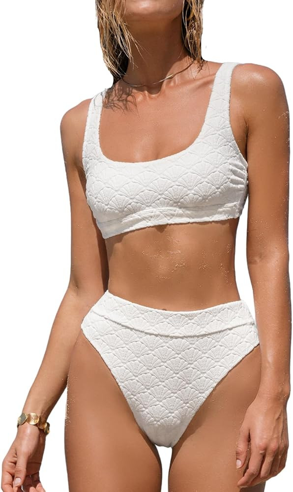 CUPSHE Women's Bikini Sets Two Piece Swimsuit High Waisted Cheeky Bottom Square Neck Adjustable S... | Amazon (CA)