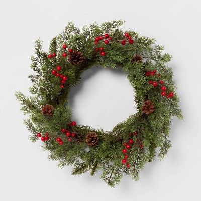 24" Cypress Pine Cone Berry Wreath Red - Threshold™ | Target