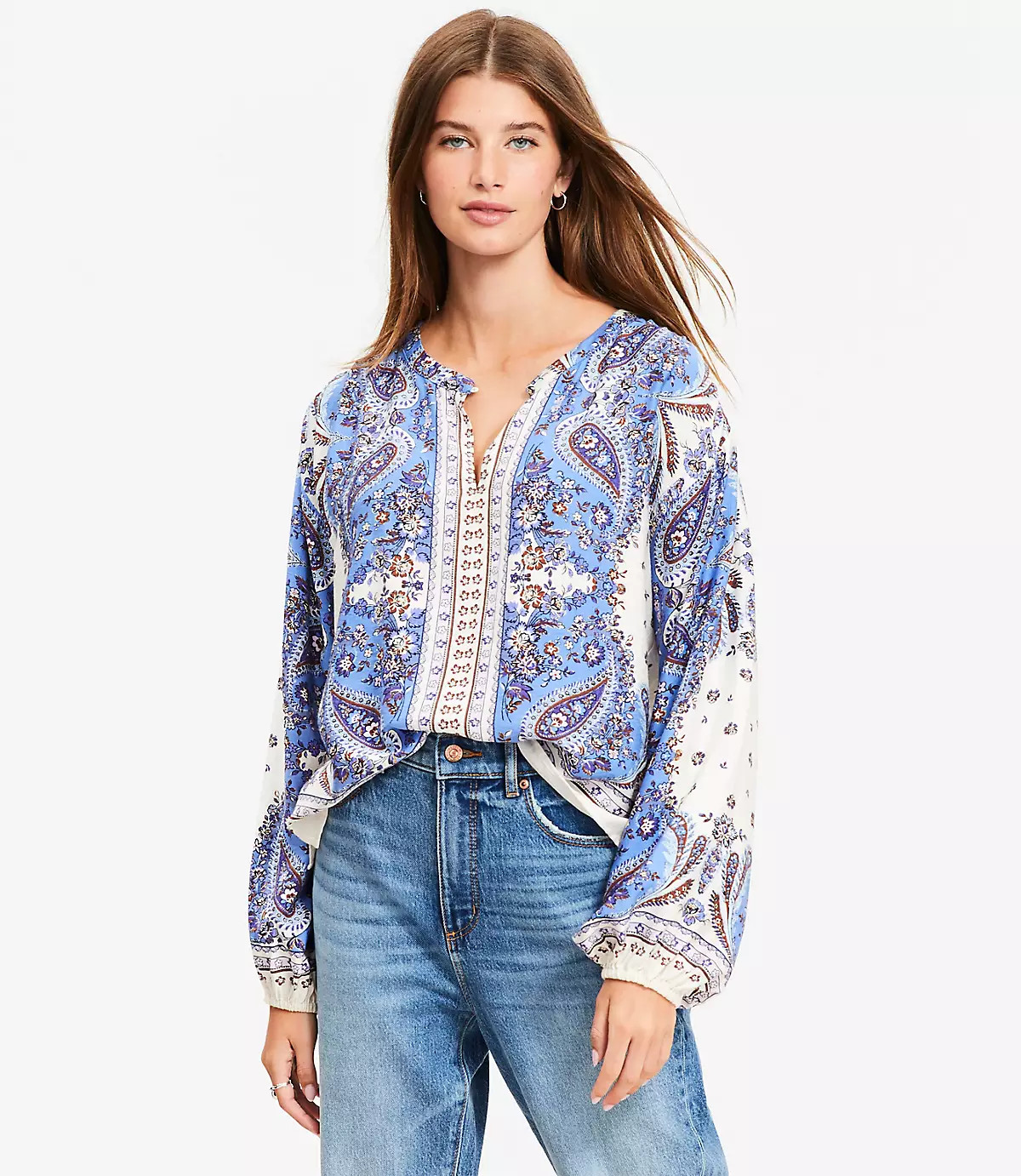 Bandana Print Split Neck Balloon Sleeve Blouse | LOFT