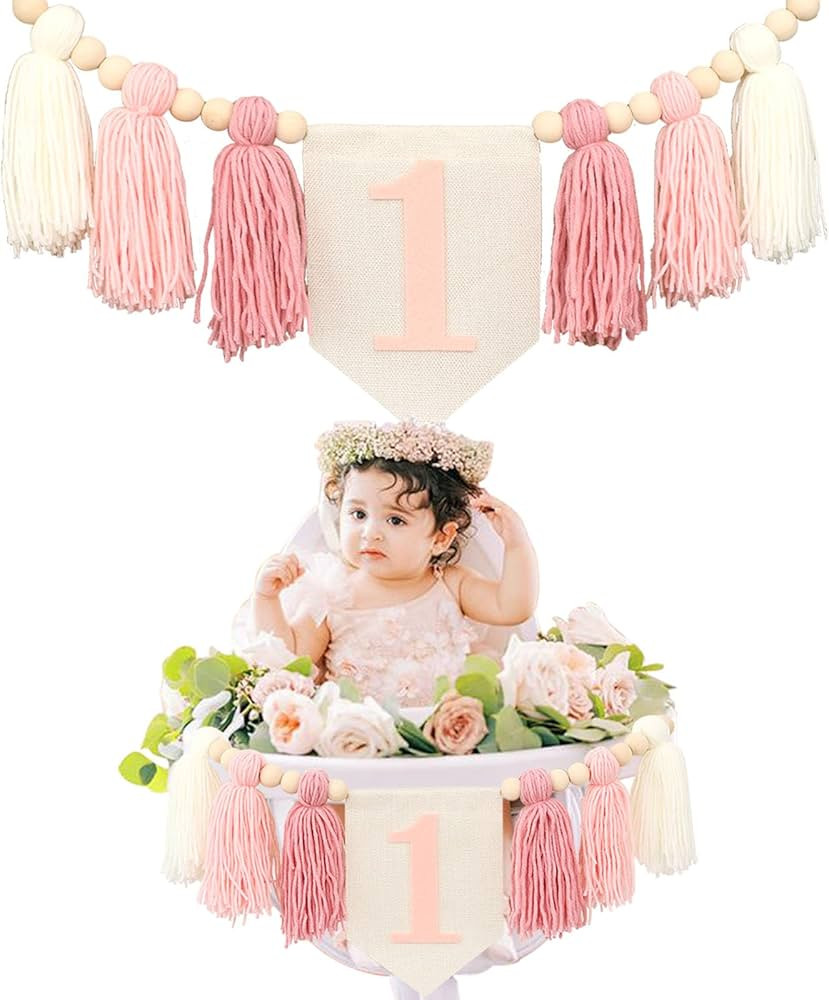 Handmade Boho 1st Birthday High Chair Banner Party Decoration For Girl Baby Shower Pink Wall Hang... | Amazon (US)