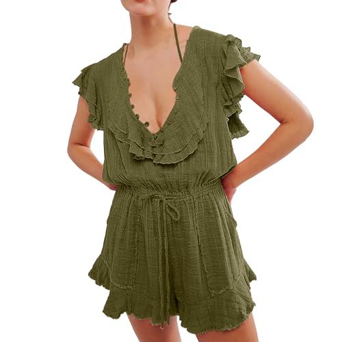 Womens 2024 Summer Army Green Romper Short Sleeve V Neck Belted Jumpsuits Casual One Piece Outfit... | Amazon (US)