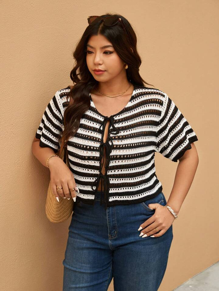 Elaquor Plus Size Women Open Front Knit Sweater, Hollow Out Stylish Plus Size Cardigan | SHEIN