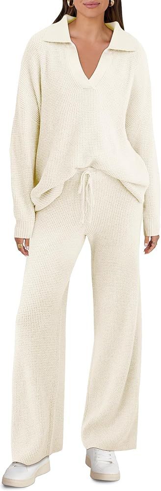 ANRABESS Womens Two Piece Outfits Sweater Sets Waffle Knit Pullover Wide Leg Pants Tracksuit Swea... | Amazon (US)