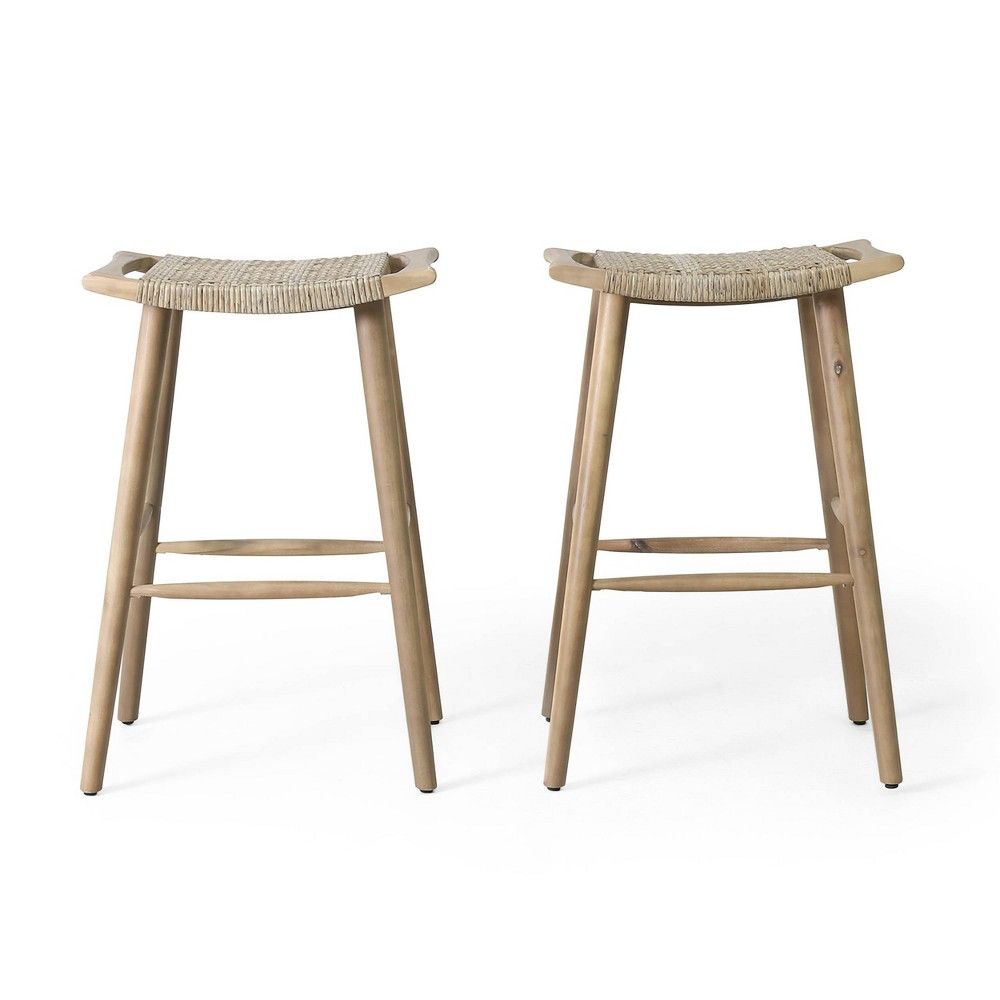 Pulaski 2pk Outdoor Acacia Wood Bar Stools with Wicker - Light Brown - Christopher Knight Home | Target