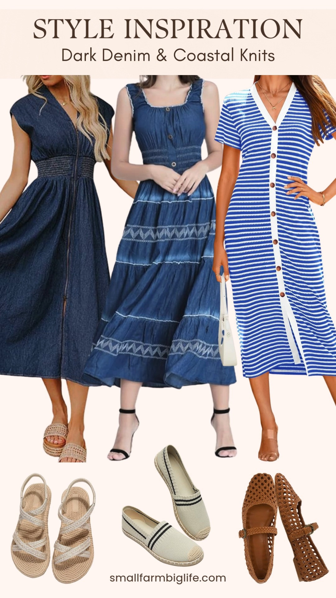 Dark denim and coastal knit style inspiration 🤍
Easy smocked dresses, classic blue and white stripes, and relaxed knits paired with rope sandals and woven flats for an effortless, coastal inspired look. Timeless pieces that feel polished yet comfortable and are perfect for warm days, vacations, and everyday wear ✨ 

 #LTKOver40 #LTKFindsUnder50 #LTKTravel