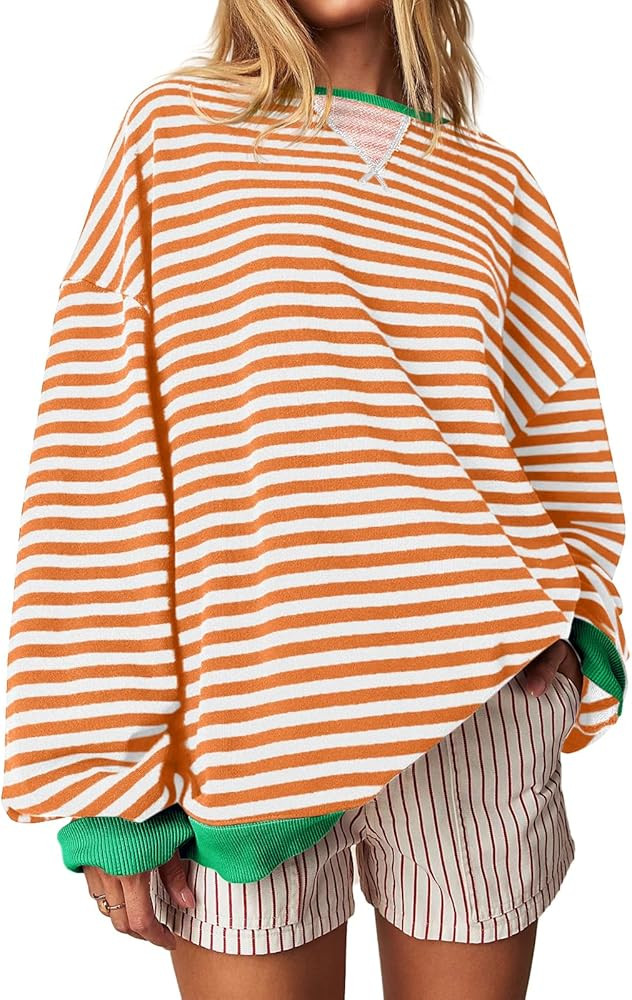 Fisoew Womens Striped Oversized Sweatshirt Color Block Crew Neck Long Sleeve Shirt Casual Loose P... | Amazon (US)