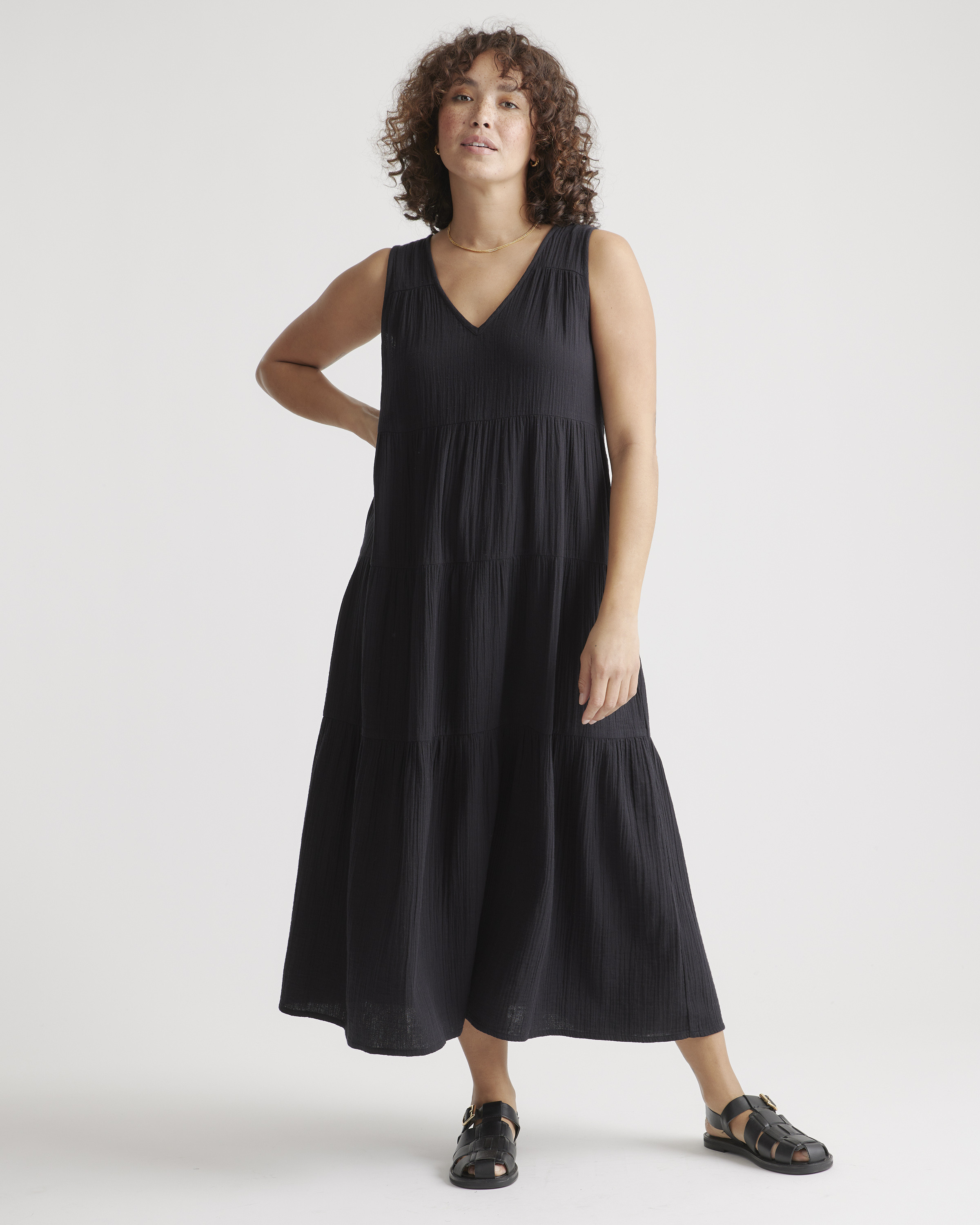 Quince | Women's Gauze Tiered Maxi Dress in Black, Size XS, Organic Cotton | Quince