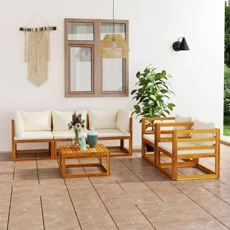 6 Piece Patio Lounge Set with Cushion Cream Solid Acacia Wood Outdoor Furniture Sets | Walmart (US)
