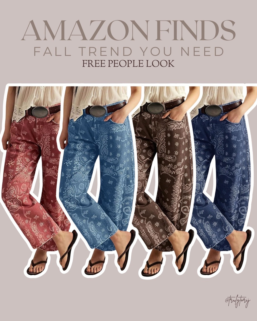 Okay but these Amazon pants?! 👀🤎 Say JEANS to shop! 🛒👀 The easiest way to bring the Free People look into your fall wardrobe without the Free People price tag! 

I’m obsessed with the paisley print, wide-leg fit, and all the gorgeous fall colors. 🍂✨

These would be SO cute with a fitted sweater, boots, and a little jacket for fall!

#amazonfinds #amazonfashion #amazonstyle #amazonfallfinds #fallfashion #falloutfits #widelegpants #paisleypants #affordablefashion #freepeopledupe

Amazon fall fashion, Amazon pants, paisley pants, wide leg pants, Free People inspired fashion, Free People look for less, affordable fall fashion, fall outfit ideas, trendy Amazon finds, Amazon wardrobe essentials

#LTKootd