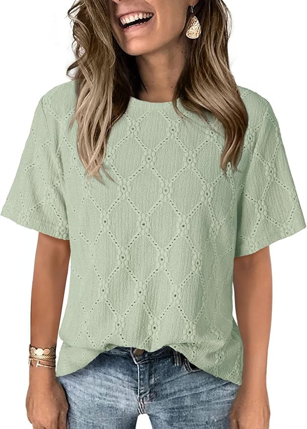 Dokotoo Women's Tops Casual Scoop Neck Short Sleeve Eyelet Embroidered Hollow Out Blouses Shirts | Amazon (US)