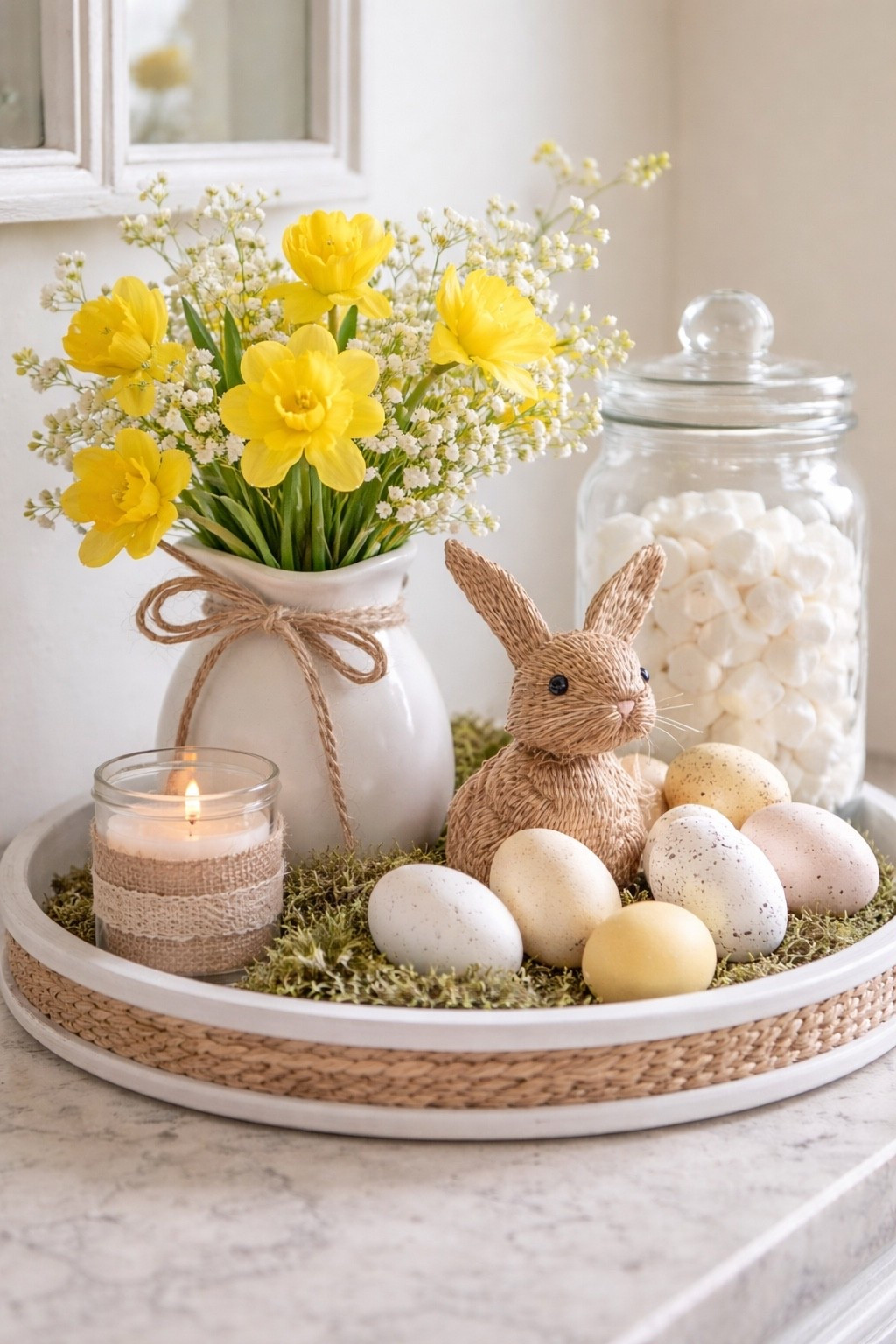 This is a soft spring tray moment with simple textures and warm yellow florals 🤍

#LTKHome #LTKSeasonal #LTKOver40