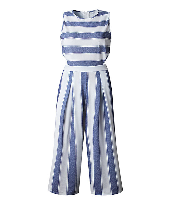 Yokodea Women's Jumpsuits Blue - Blue & White Stripe Sleeveless Jumpsuit - Women | Zulily