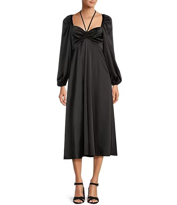 Bella Satin Halter Neck Long Sleeve Midi Dress | Dillard's