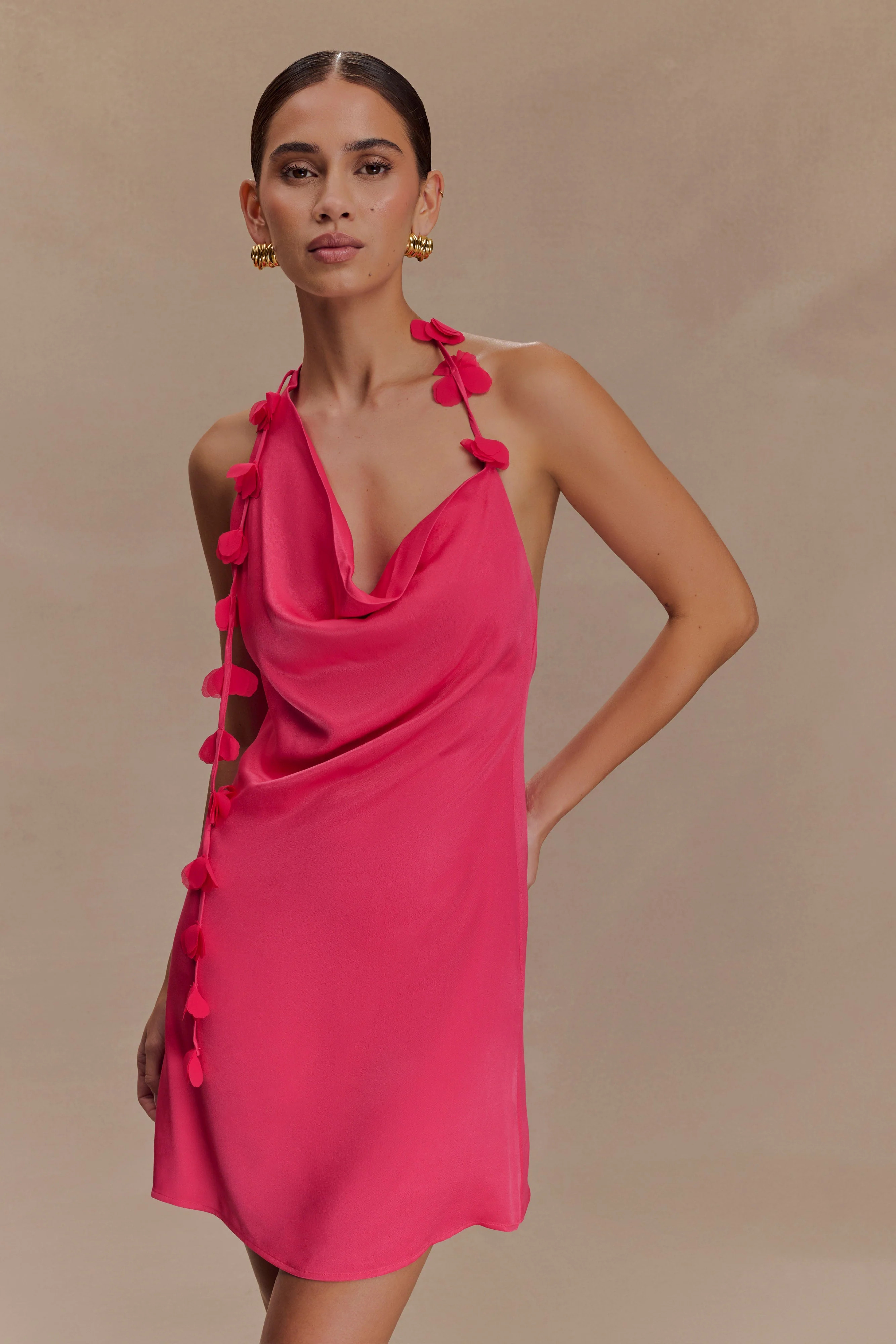 Gwenda Satin Floral Mini Dress - Dragonfruit | MESHKI US