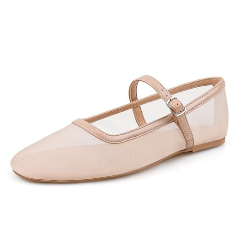 BCTEX COLL Nude Mesh Ballet Flats Mary-Jane Ballerina Flats Square Toe Dressy Casual Shoes with Buckle Strap, Size 9.5 | Amazon (US)