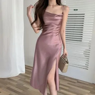 Spaghetti Strap Satin Dress Pink - One Size | YesStyle Global