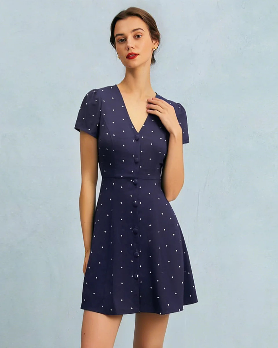 Blue V Neck Polka Dot Button Mini Dress | rihoas.com