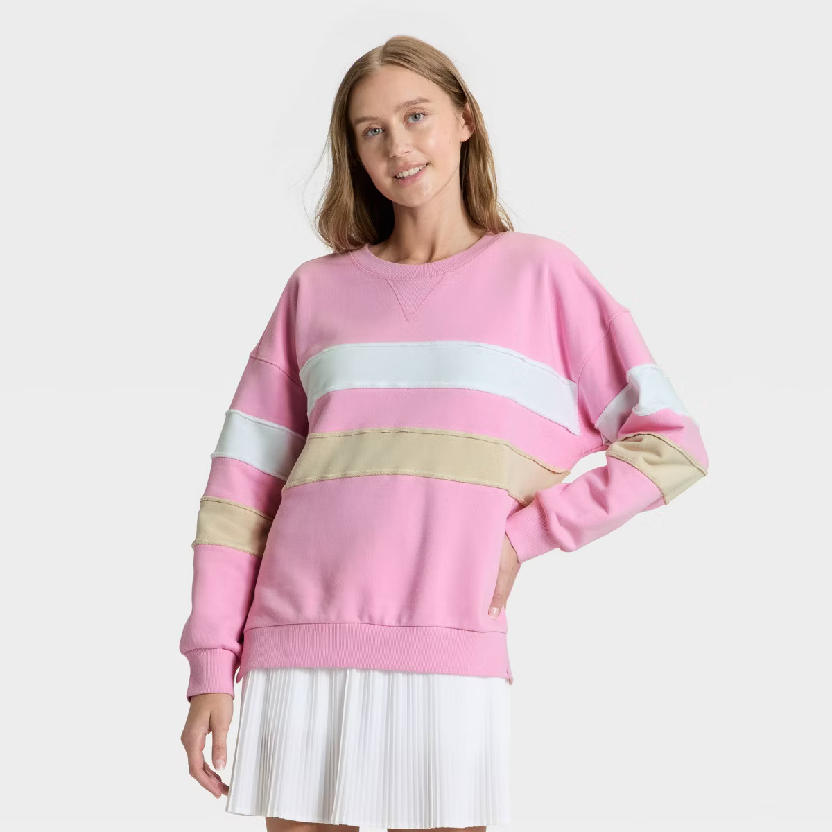 Women's Striped Oversized French Terry Crewneck Sweatshirt - JoyLab™ Light Pink S | Target