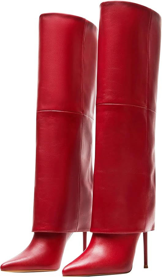 KaroNairy Fold Over Boots For Women Pointed Toe Knee High Boot Stiletto Heel Wide Calf Booties Lo... | Amazon (US)