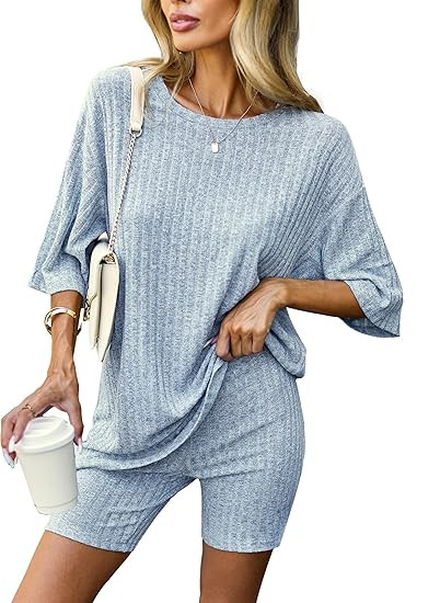 Ekouaer Pajamas 2 Piece Lounge Sets Ribbed Knit Matching Outfits T-shirt Biker Shorts Sleepwear L... | Amazon (US)