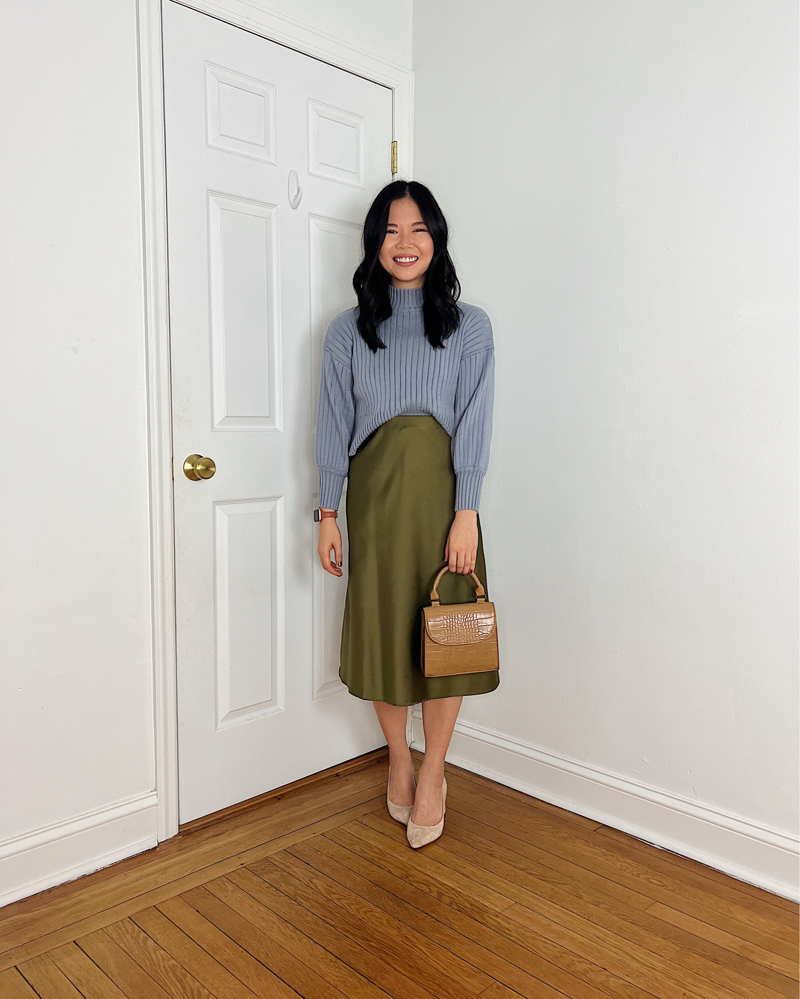 Light blue sweater (S)
Olive green skirt  (S)
Olive green midi skirt 
Slip skirt 
Brown bag 
Beige suede pumps 
Block heel pumps 
Beige pumps 
Amazon outfit 
Amazon fashion 
Amazon sweater 
Teacher outfit 
Colorful work outfit 
Smart casual outfit 

#LTKstyletip #LTKworkwear #LTKfindsunder50