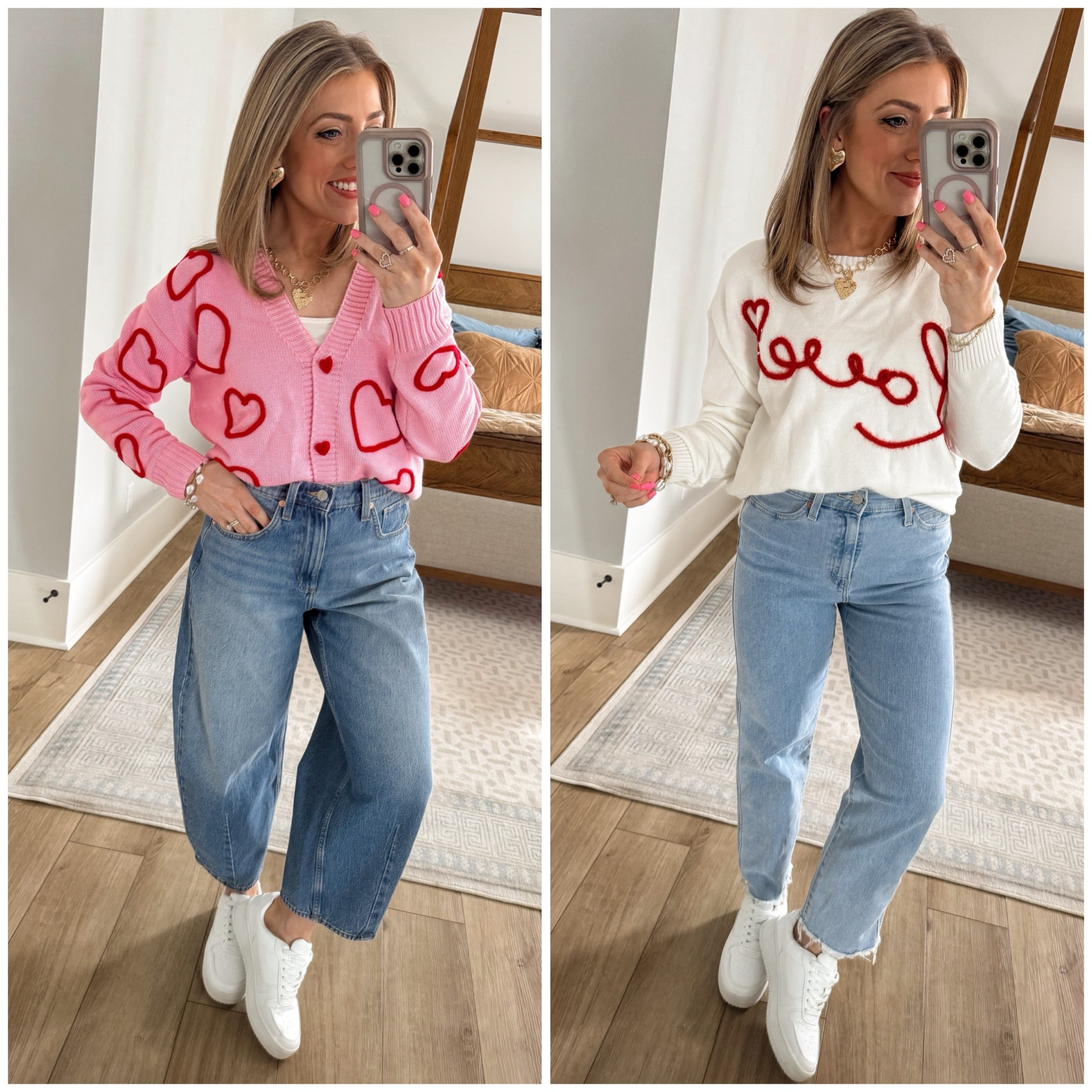 Target Valentine sweaters I can’t stop talking about ❤️ These adorable heart-detail and love-script sweaters are the cutest way to style Valentine’s Day outfits without going over the top. Paired with my favorite Target barrel jeans for that perfectly relaxed, on-trend fit — comfy, flattering, and so easy to wear for school drop-off, coffee dates, or casual date night. Both sweaters are soft, lightweight, and perfect for layering now and straight into early spring. If you love affordable Valentine outfits, Target fashion finds, and everyday pieces that still feel special, these are such a win.

#TargetStyle #TargetFinds #ValentinesOutfits #HeartSweater #LoveSweater #BarrelJeans #TargetJeans #AffordableFashion #CasualValentines #EverydayStyle #MomStyle #SpringTransition #CuteAndComfy #WeekendOutfits #StyleInspo