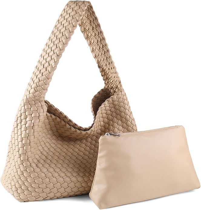 Woven Tote Bags for Women Soft Vegan Leather Shoulder Handbag Slouchy Hobo Bag with Vanity Purse ... | Amazon (US)