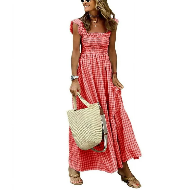 Chouyatou Women's Retro Plaid Smocked Dress Spaghetti Strap Flounce Long Dress(Red,S) | Walmart (US)