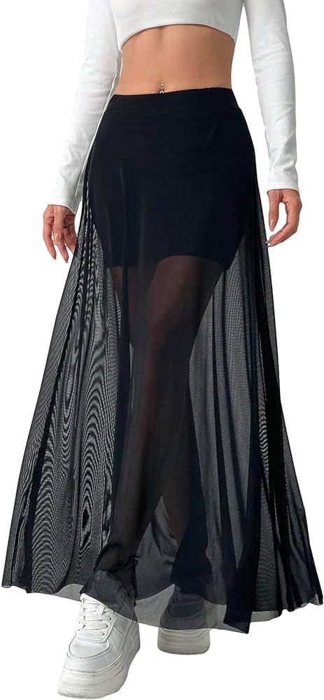 Floerns Women's Solid Basic Sheer Mesh High Stretch Skinny A Line Long Skirt | Amazon (US)