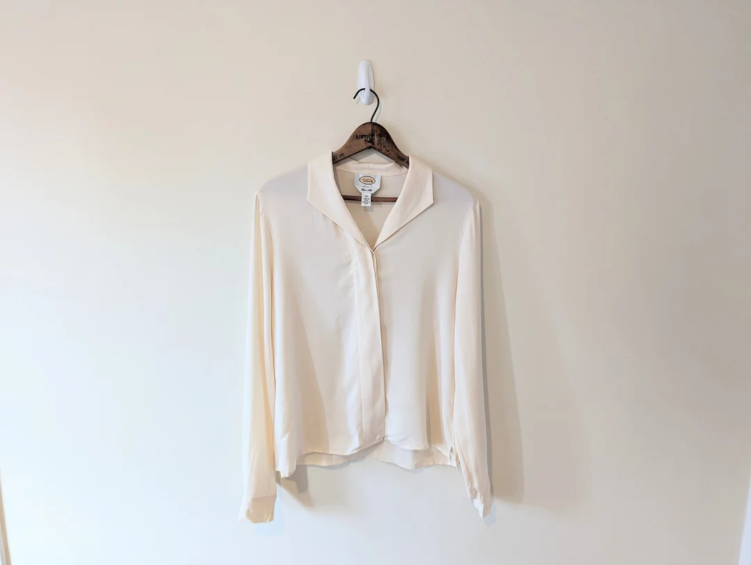 Vintage 90s Luxe Cream Silk Button up Shirt - Etsy | Etsy (US)