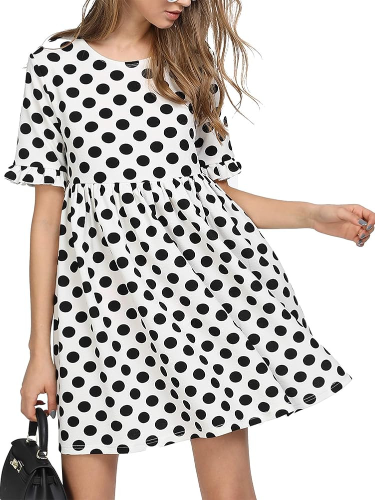 ROMWE Women's Comfy Short Sleeve Smock Loose Tunic Flare Swing Party Dress | Amazon (US)