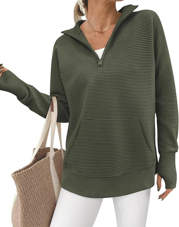 BTFBM Sweaters for Women Fall Clothes 2025 Pocket Quarter Zip Pullover V Neck Long Sleeve Knit Tr... | Amazon (US)