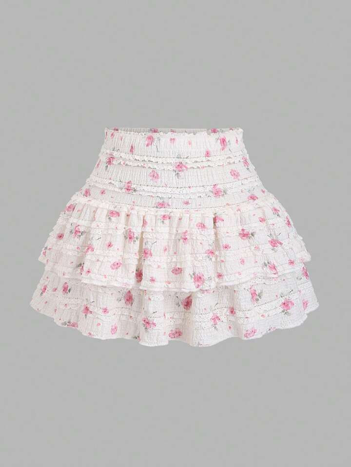 Sweetra Sweet Floral Layered Ruffle High Waist Mini Skirt, For Spring/Summer | SHEIN