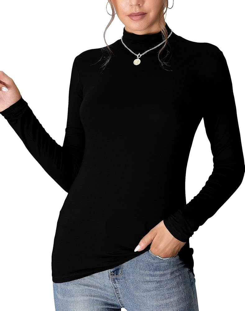MANGDIUP Women's Mock Turtleneck Long Sleeve Sleeveless Pullover Tops Slim Fit Basic T-Shirts | Amazon (US)