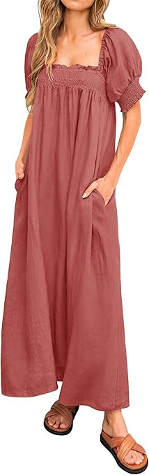 KIRUNDO 2023 Women's Summer Puff Sleeve Square Neck Loose Maxi Dress Pocketed Babydoll Maternity ... | Amazon (US)