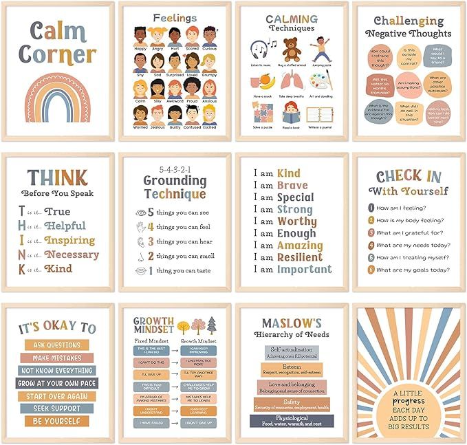 Whaline 12 Sheets Calming Corner Classroom Posters Boho Mental Health Feelings Chart Back to Scho... | Amazon (US)