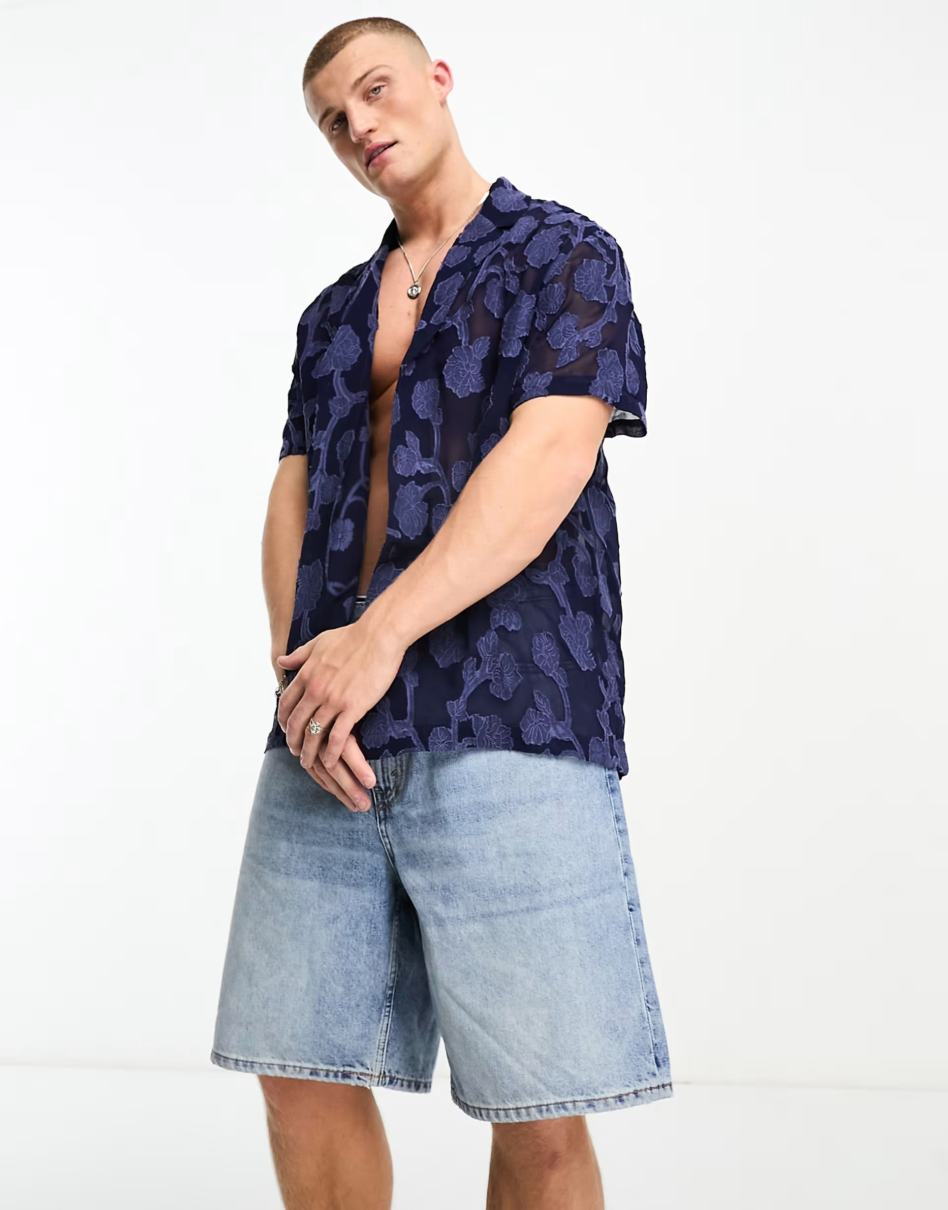 ASOS DESIGN relaxed deep revere shirt in sheer burnout floral in navy | ASOS (Global)
