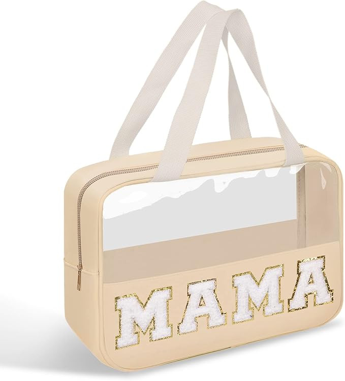 Chenille Letter Patches Clear MAMA Cosmetic Bag, Large PVC & Nylon Preppy Makeup Bag Zipper Makeu... | Amazon (US)