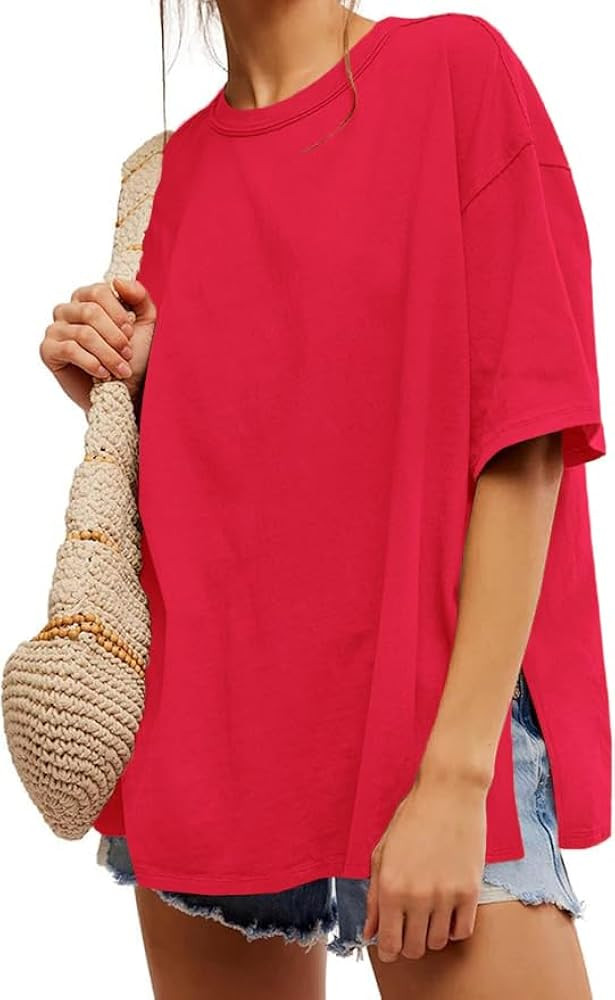 UNCLECAT Womens Oversized T Shirts Summer Trendy Short Sleeve Crew Neck Tops Loose Fit Side Slit ... | Amazon (US)
