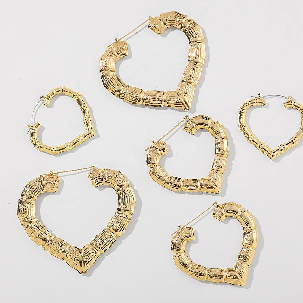 3 Pairs Gold Tone Large Bamboo Style Hoop Earrings for Women Girls Round Circle Statement Hip-Hop Ea | Amazon (US)